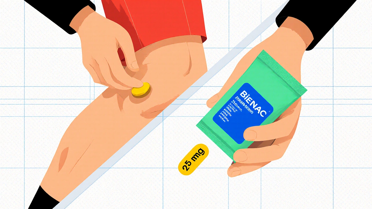 Adulto sportivo che applica gel di diclofenac al ginocchio accanto a una compressa.