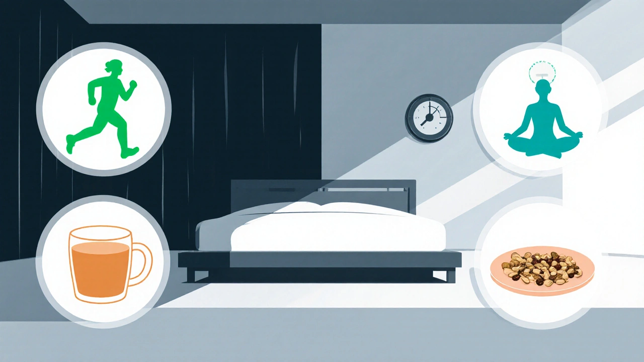 Camera ordinata con attività salutari intorno: corsa, tè, yoga e cibi ricchi di triptofano.