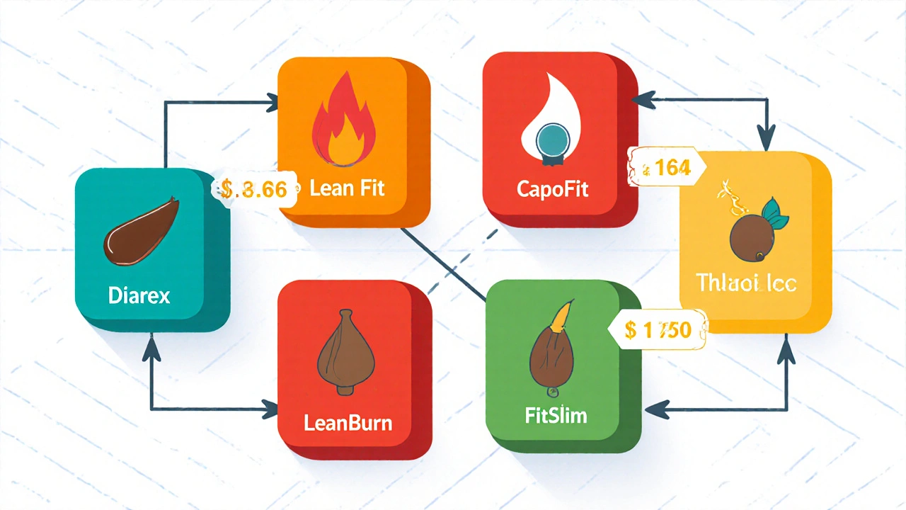 Confronto stilizzato dei prodotti Diarex, LeanFit, ThermoBurn e FitSlim con simboli di ingredienti.