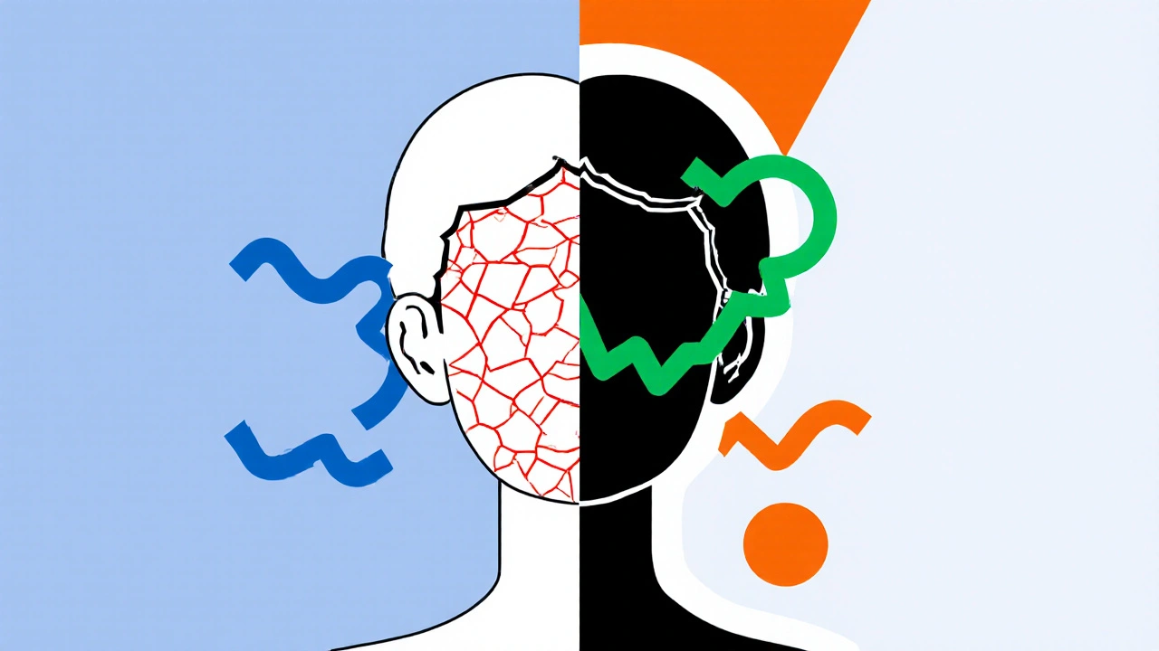 Corpo diviso: smagliature rosse a sinistra, pelle sana a destra con segni di rigenerazione.