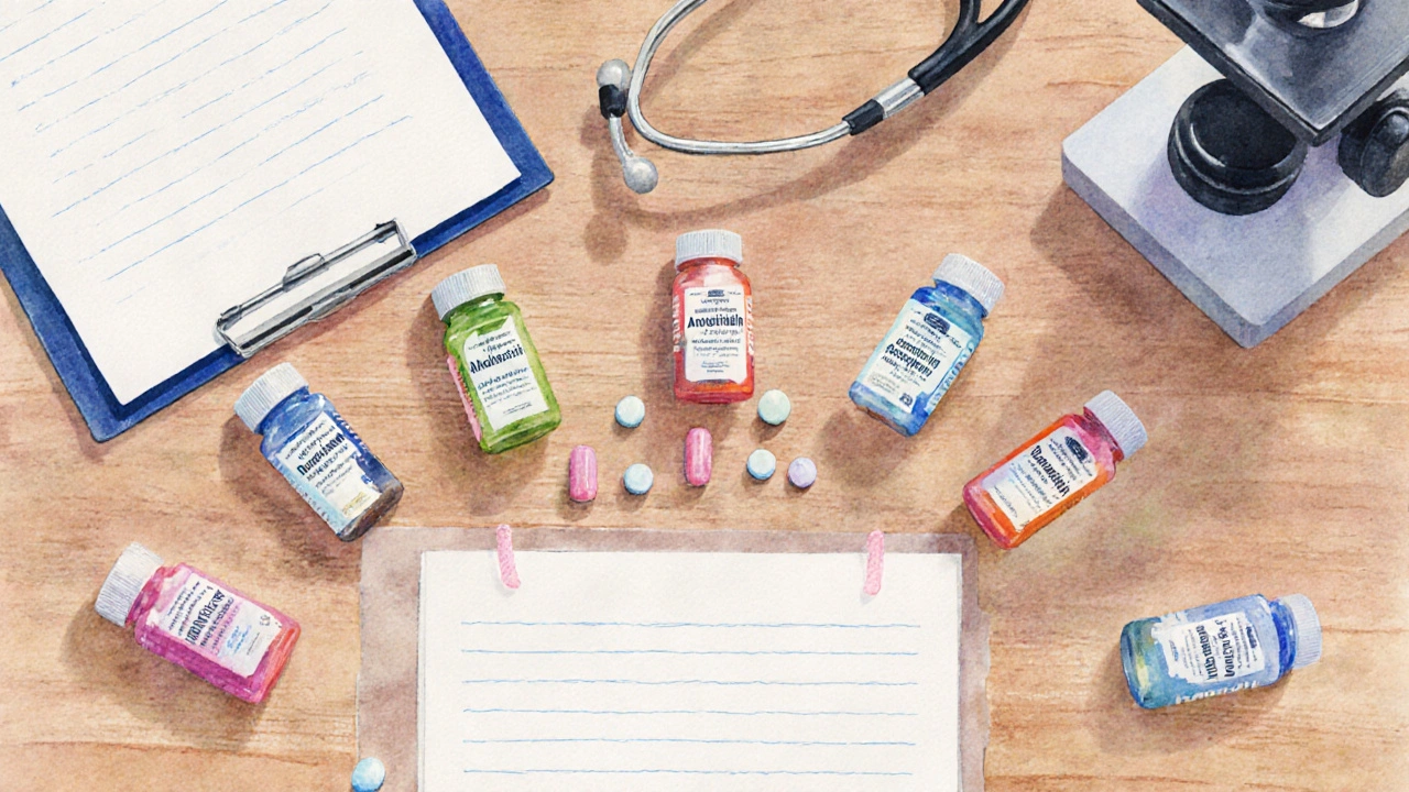Disposizione artistica di capsule di diversi antibiotici su un tavolo.