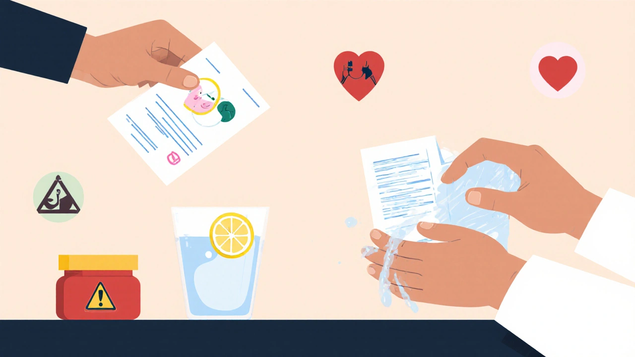 Farmacista, paziente e consigli d’uso del diclofenac: foglio illustrativo, compressa in acqua, lavaggio mani.