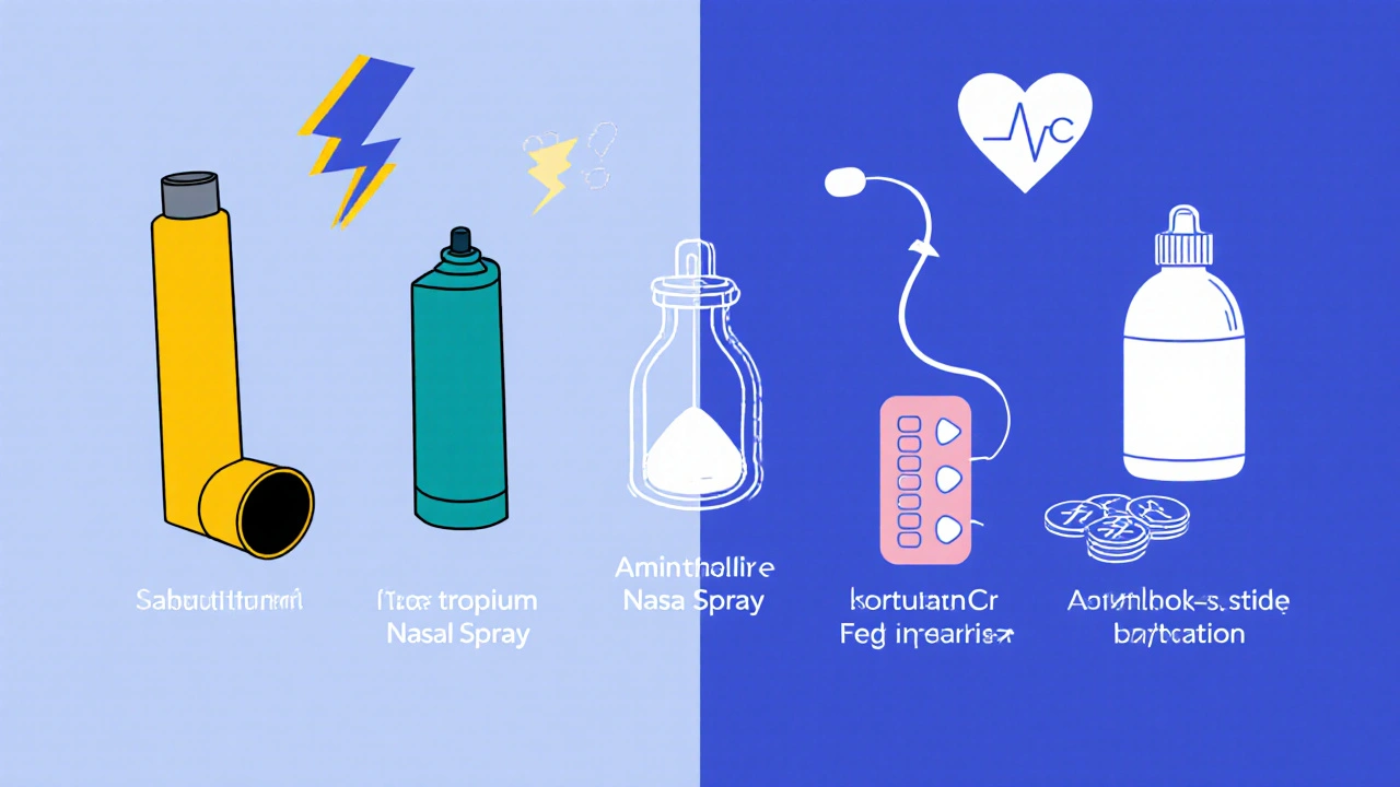 Illustrazione con inalatore Salbutamolo, spray Ipratropio, flacone Aminophyllina, compressa Montelukast e bottiglia Theo‑24 Cr, accompagnati da simboli di effetti e costi.