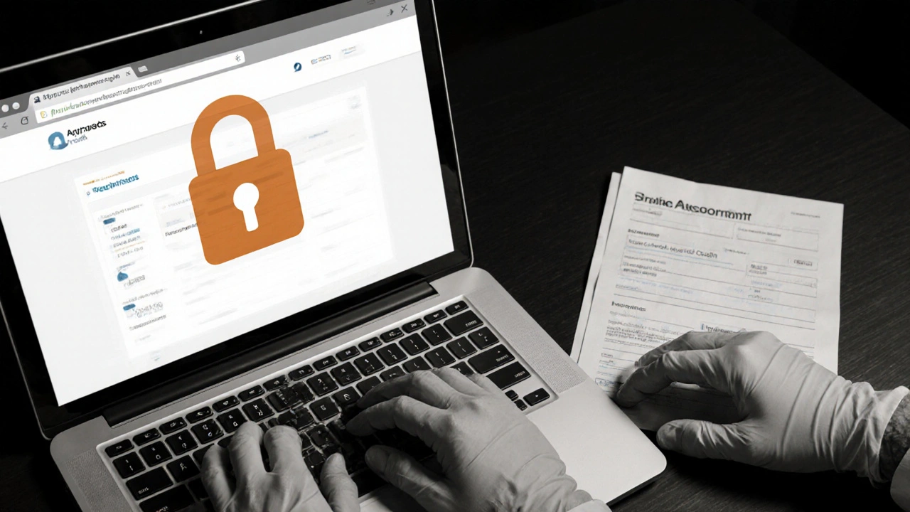 Mani su laptop con lucchetto HTTPS e prescrizione accanto, in ambiente domestico monocromatico con accento ambrato.