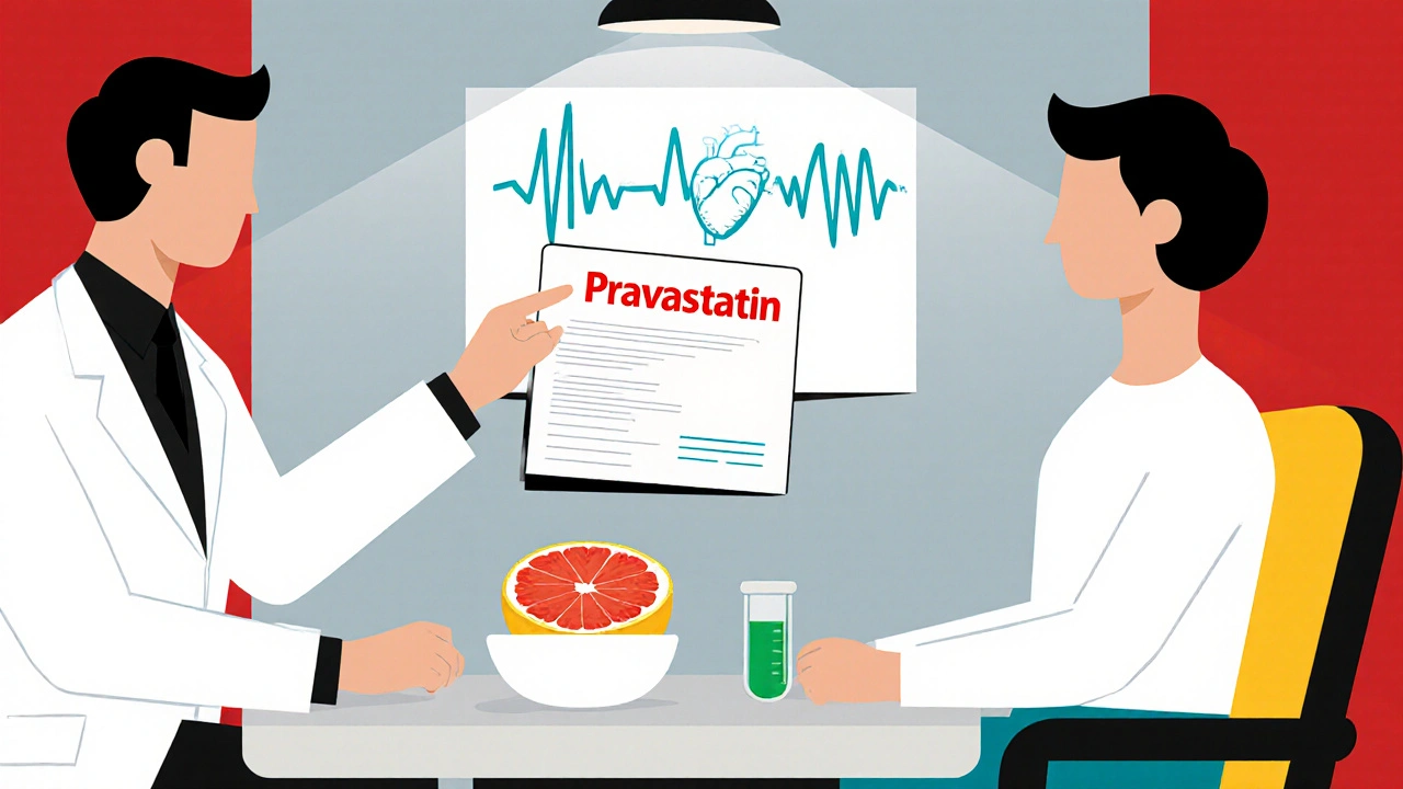 Medico che indica una prescrizione di pravastatina, mentre il pompelmo è a distanza sicura.