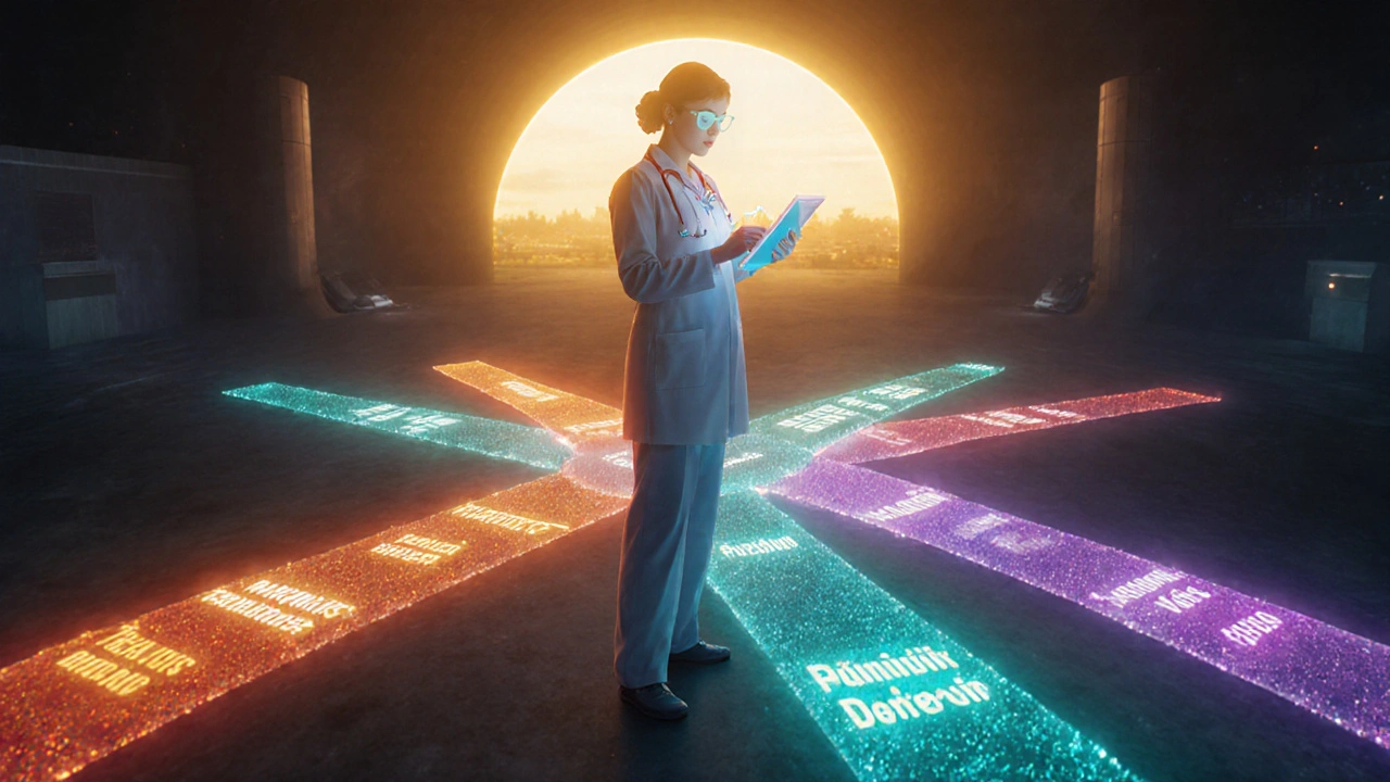 Medico davanti a incrocio luminoso di percorsi colorati che rappresentano diverse terapie.