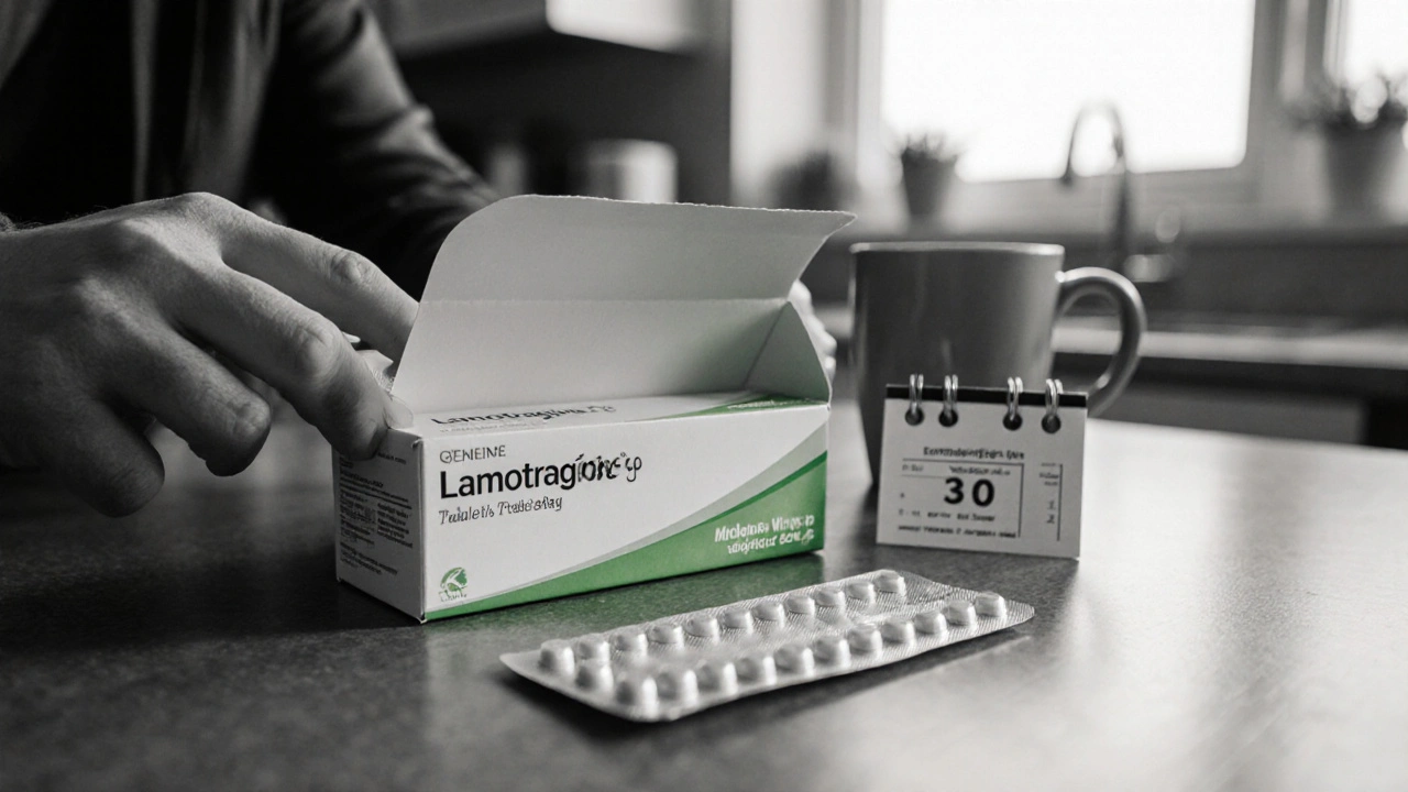 Pacco aperto con scatola di lamotrigina generica e calendario mensile su tavolo, in tonalità monocromatica con accento verde.
