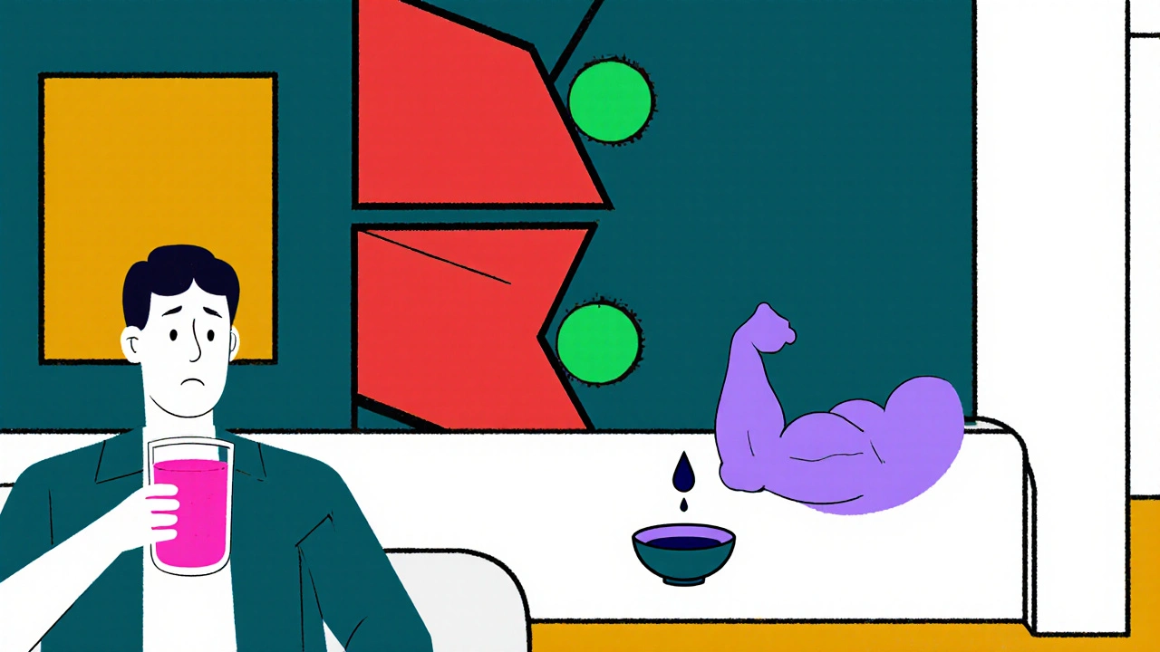 Paziente con bicchiere di succo di pompelmo, accanto tre statine rosse pericolose e muscoli doloranti.