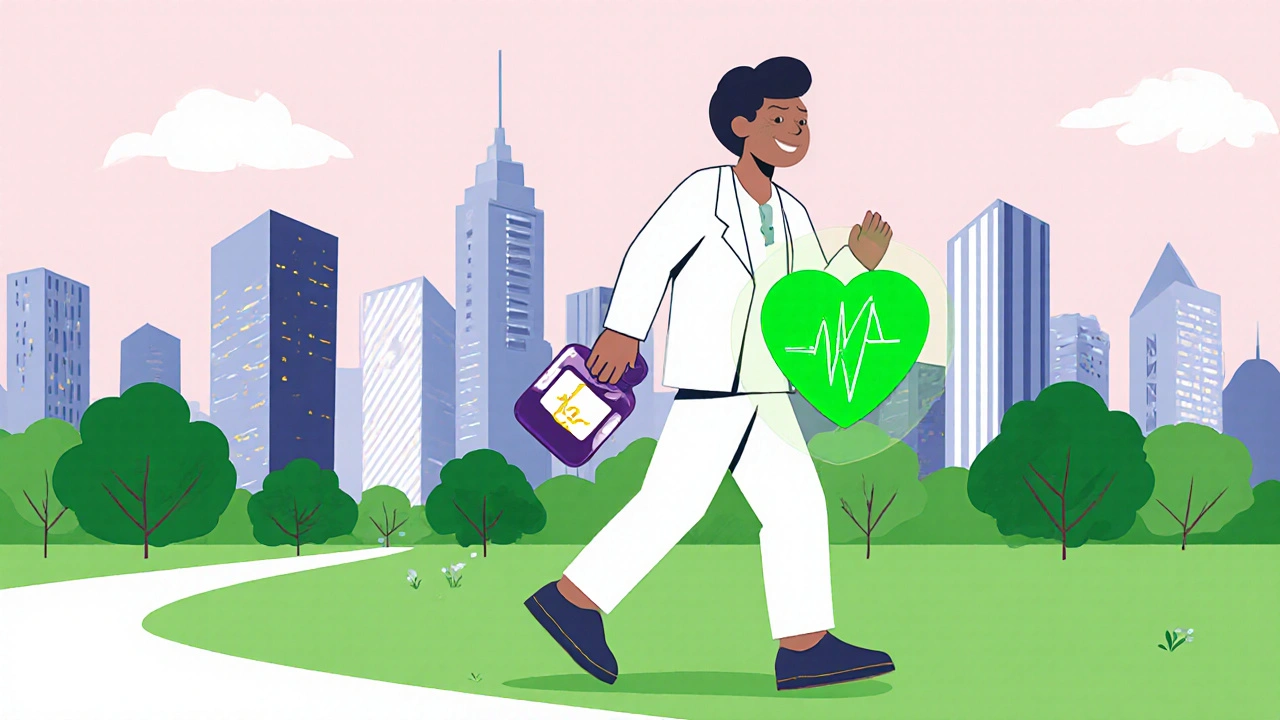 Paziente urbano felice cammina nel parco con bottiglia di farmaco, cuore luminoso che indica migliore ossigenazione.