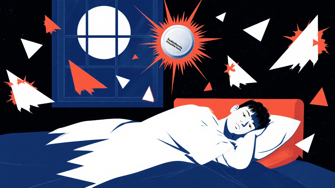 Persona a letto con forme astratte che simboleggiano ansia e disturbi del sonno causati dal farmaco.