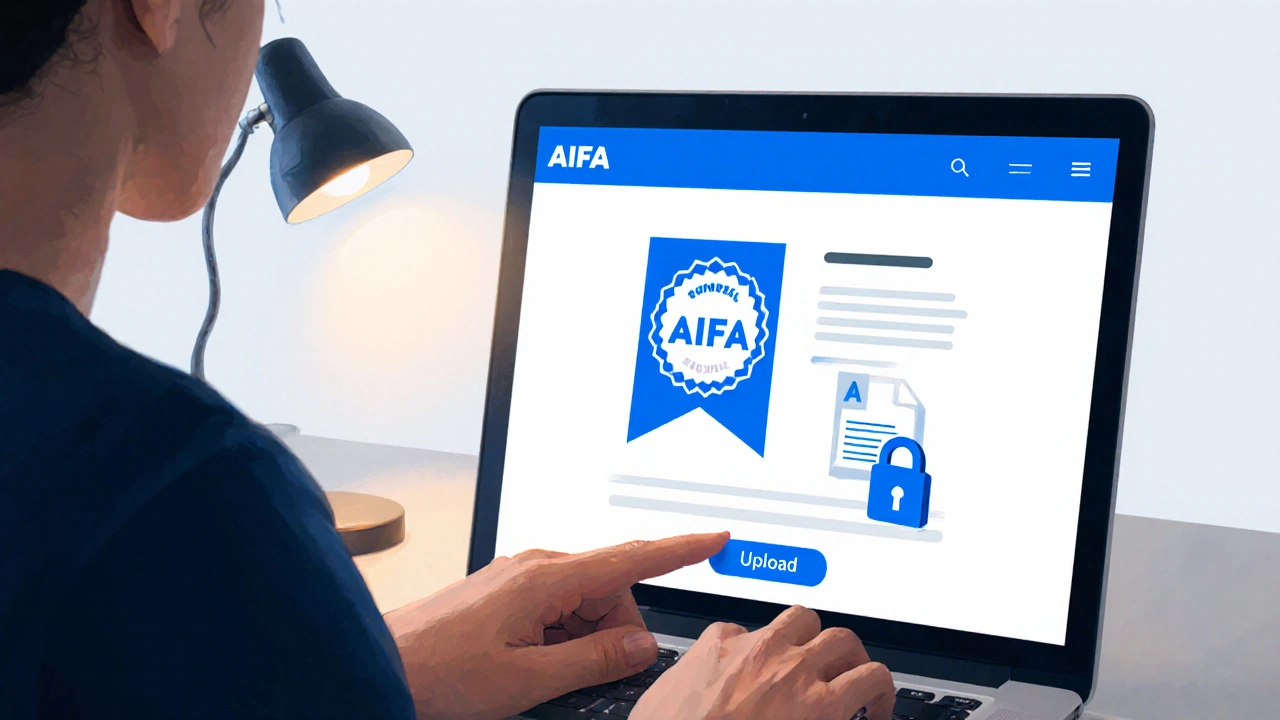 Persona che usa un laptop per acquistare farmaci online, con icone di certificazione e pagamento sicuro visibili.