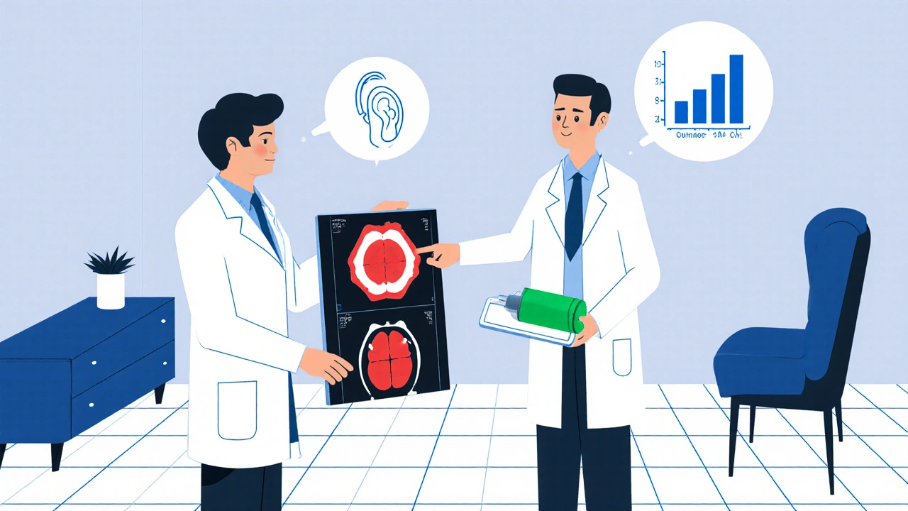 Scena di visita medica con dottore, audiologo, scansione ossea e apparecchio acustico.