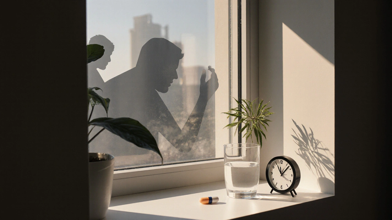 Scena mattutina con melatonina, sole e acqua che simboleggiano il recupero del sonno.