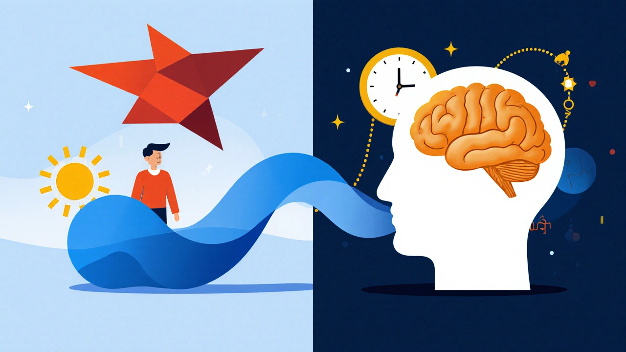Scene divise che mostrano cortisol rosso, onde di serotonina blu, melatonina dorata e icone di ritmo circadiano.