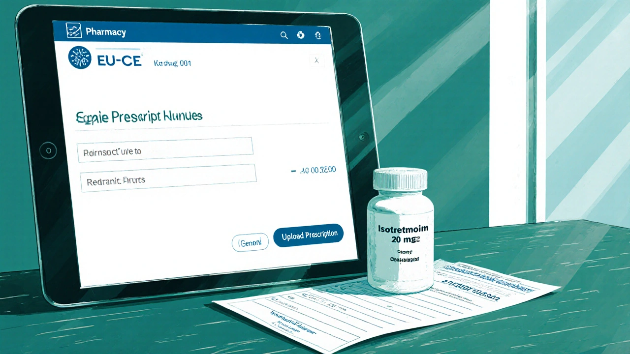 Tablet con sito farmacia affidabile accanto a bottiglia isotretinoin generico.