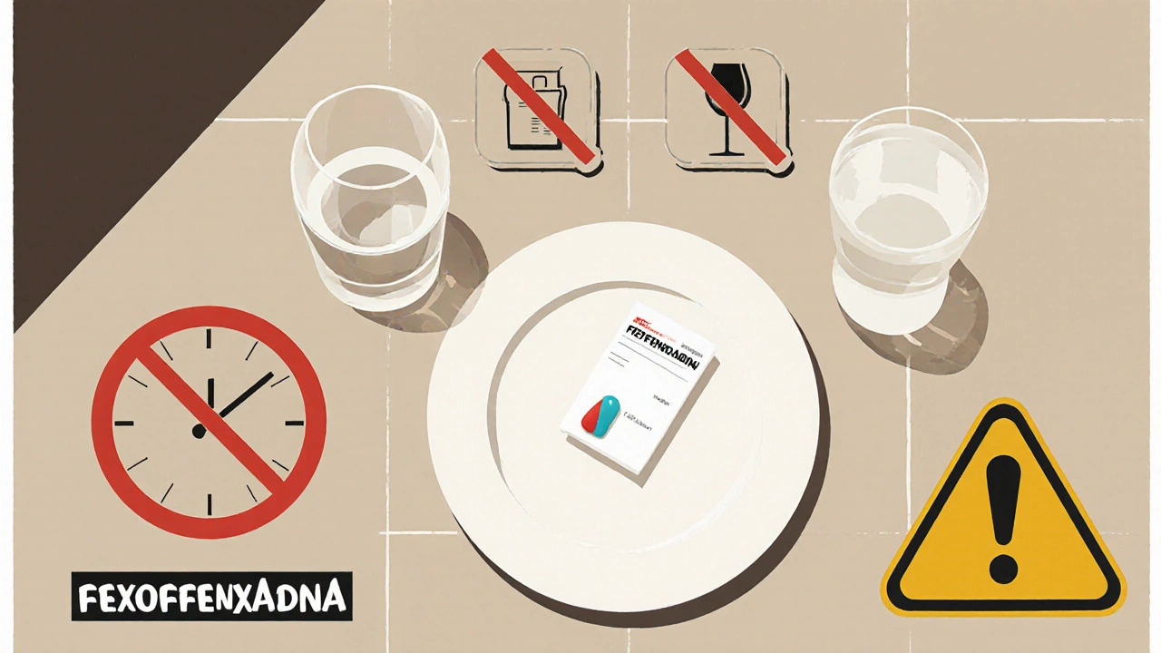 Tavola con compressa di fexofenadina, bicchiere d'acqua, orologio e simboli di avvertenza per alcol e antibiotici.