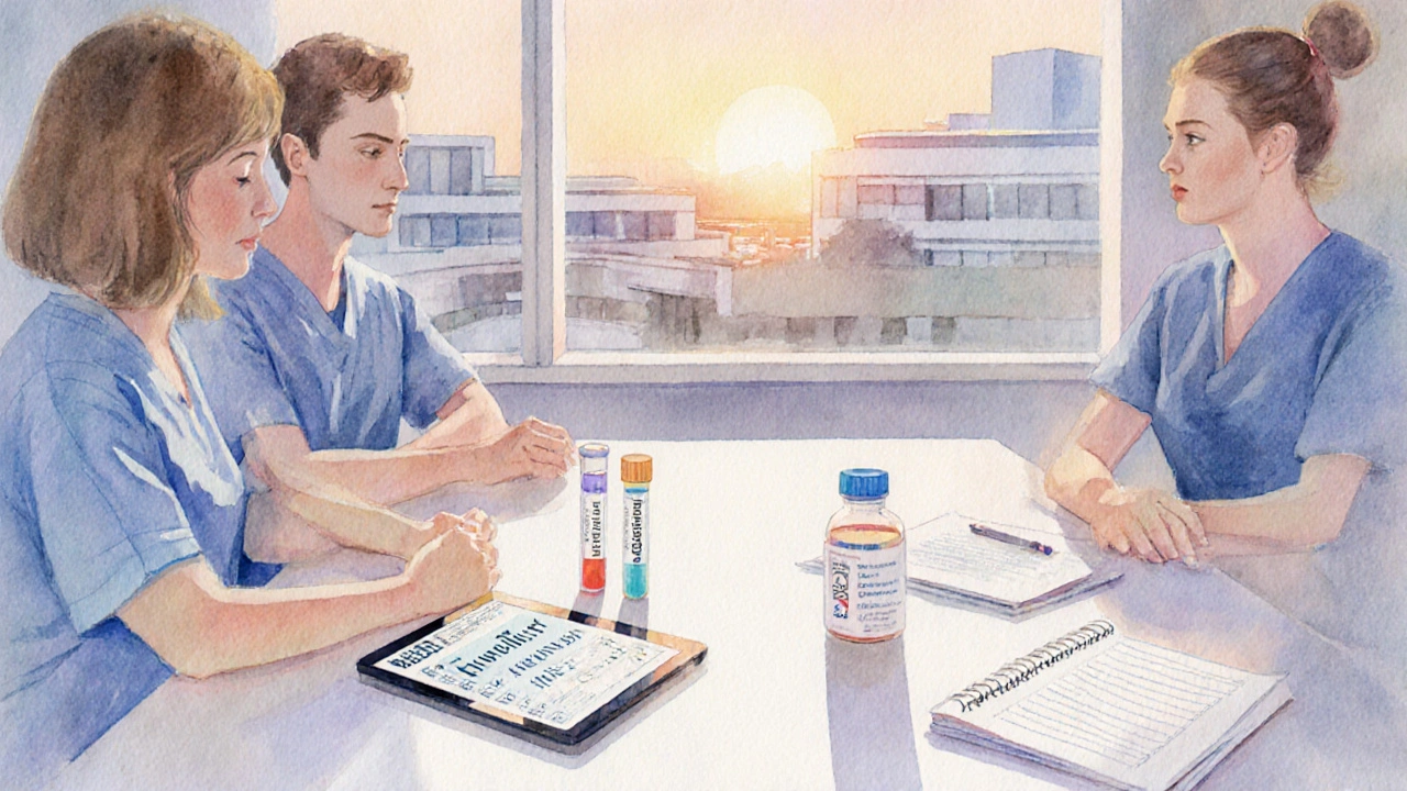 Team medico che controlla test beta‑D‑glucano e prepara profilassi antifungina.