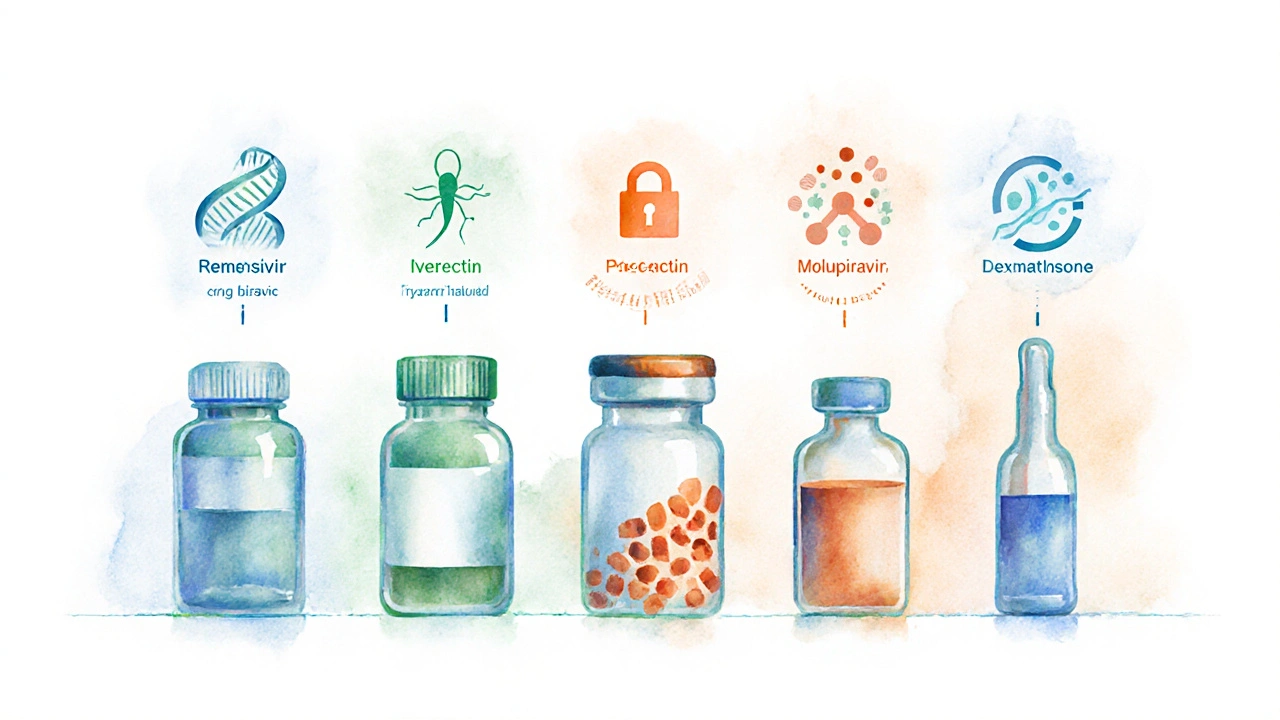 Vetrina di sei farmaci con simboli che illustrano meccanismi: DNA, proteasi, virus, ecc.
