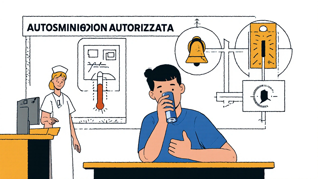 Bambino usa l&#039;inalatore autonomamente in classe, con schema di autorizzazione astratto sopra di lui.