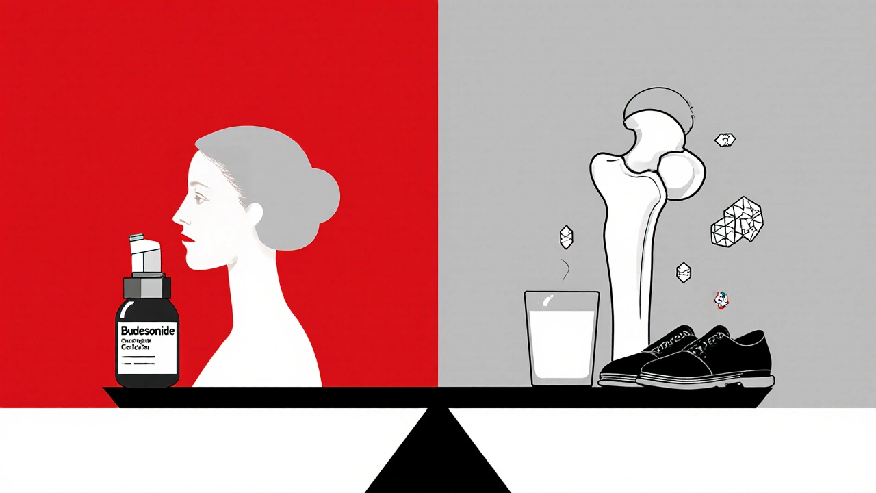 Bilancia che confronta un inalatore con ossa sane, calcio, vitamina D e uno stile di vita attivo in stile geometrico.