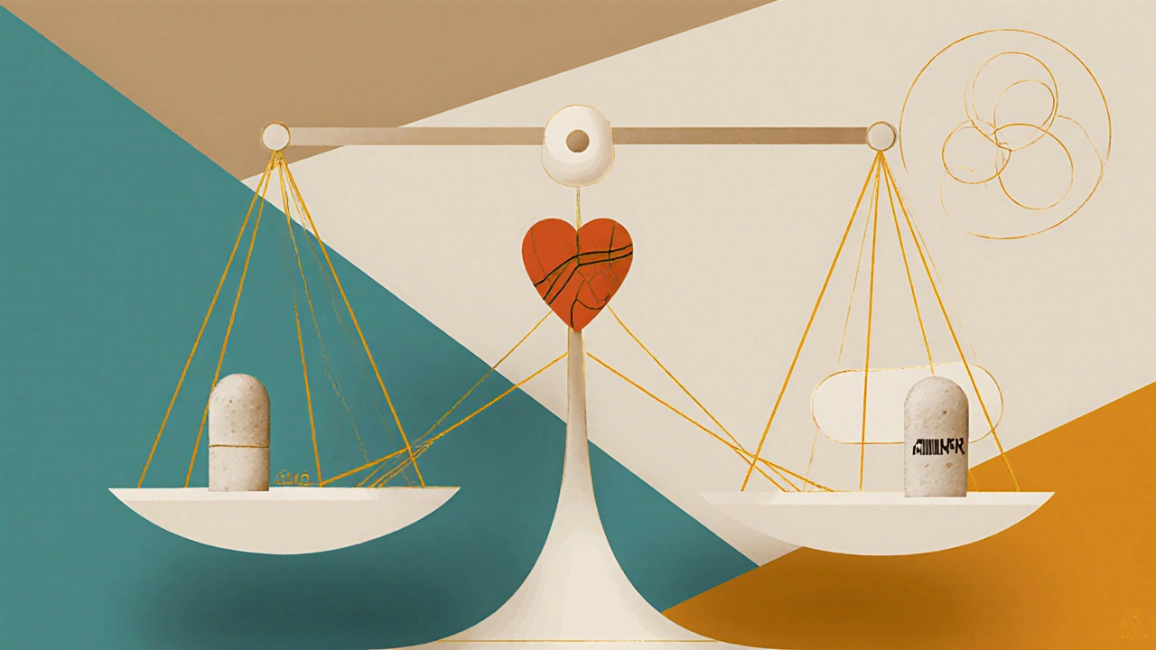 Bilancia che equilibra pillola di marca e generica verso un cuore, stile Bauhaus.