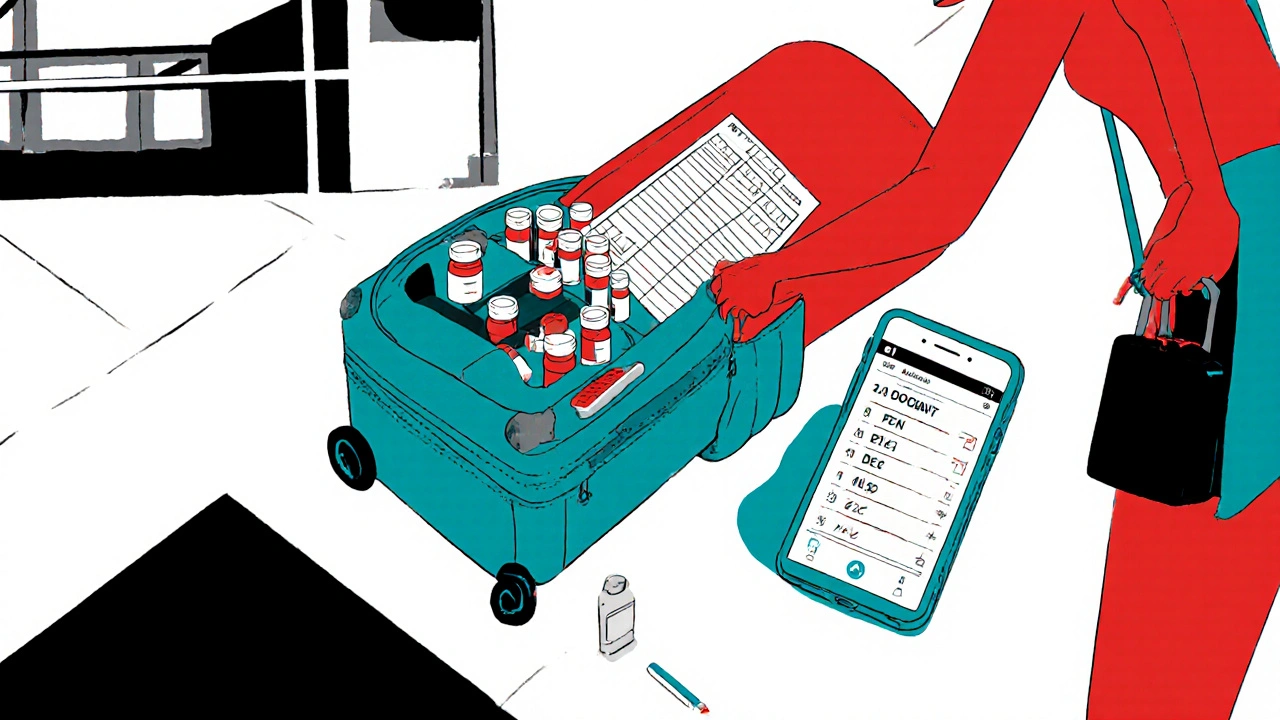 Donna che organizza farmaci in borsa a mano con borsa termica e app per dosaggi.