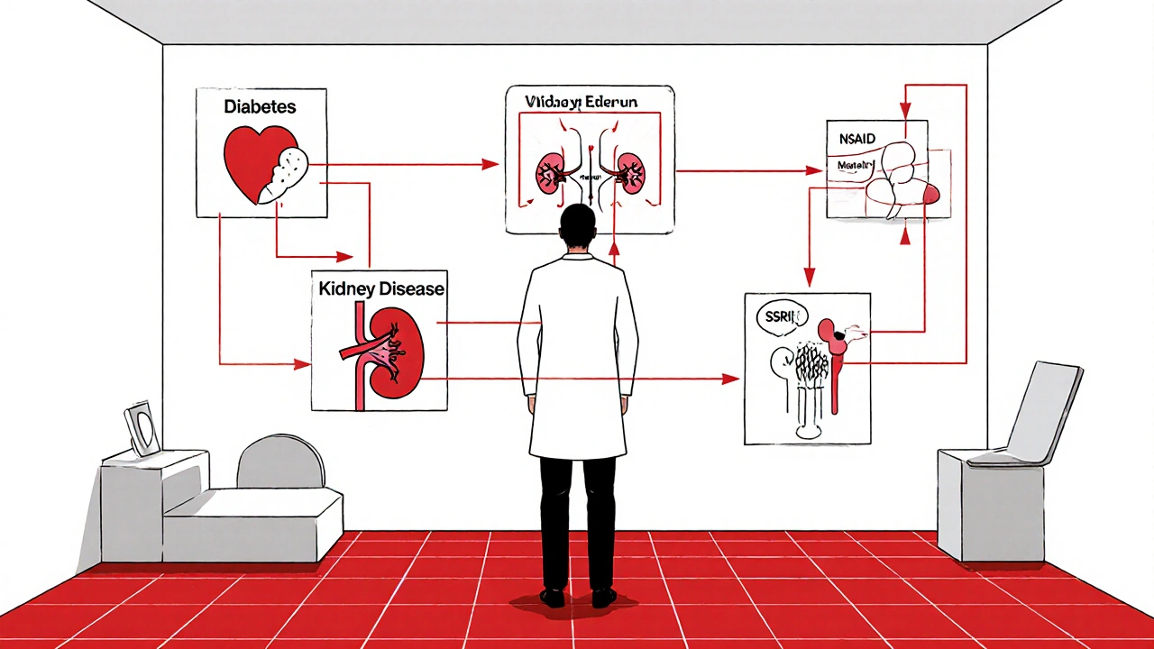 Dottore che osserva diagrammi di interazioni farmaco-malattia, stile Bauhaus.