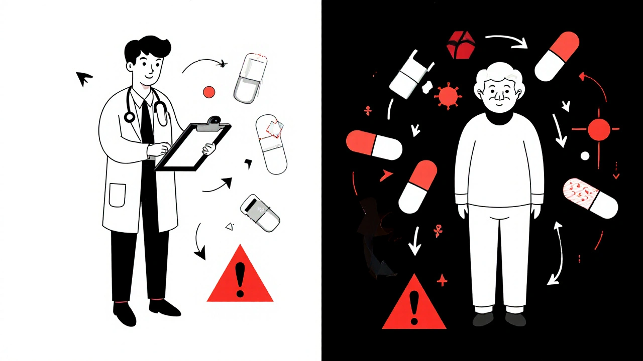 Dottore e paziente anziano con farmaci rappresentati come forme geometriche, flussi lenti.