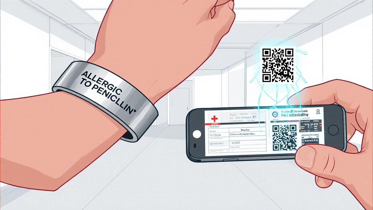 Due braccialetti medici a confronto: inciso e con codice QR digitale.