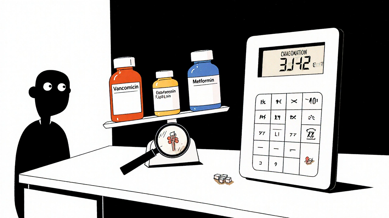 Farmaci su una bilancia inclinata, calcolo renale visibile, stile Bauhaus minimalista.