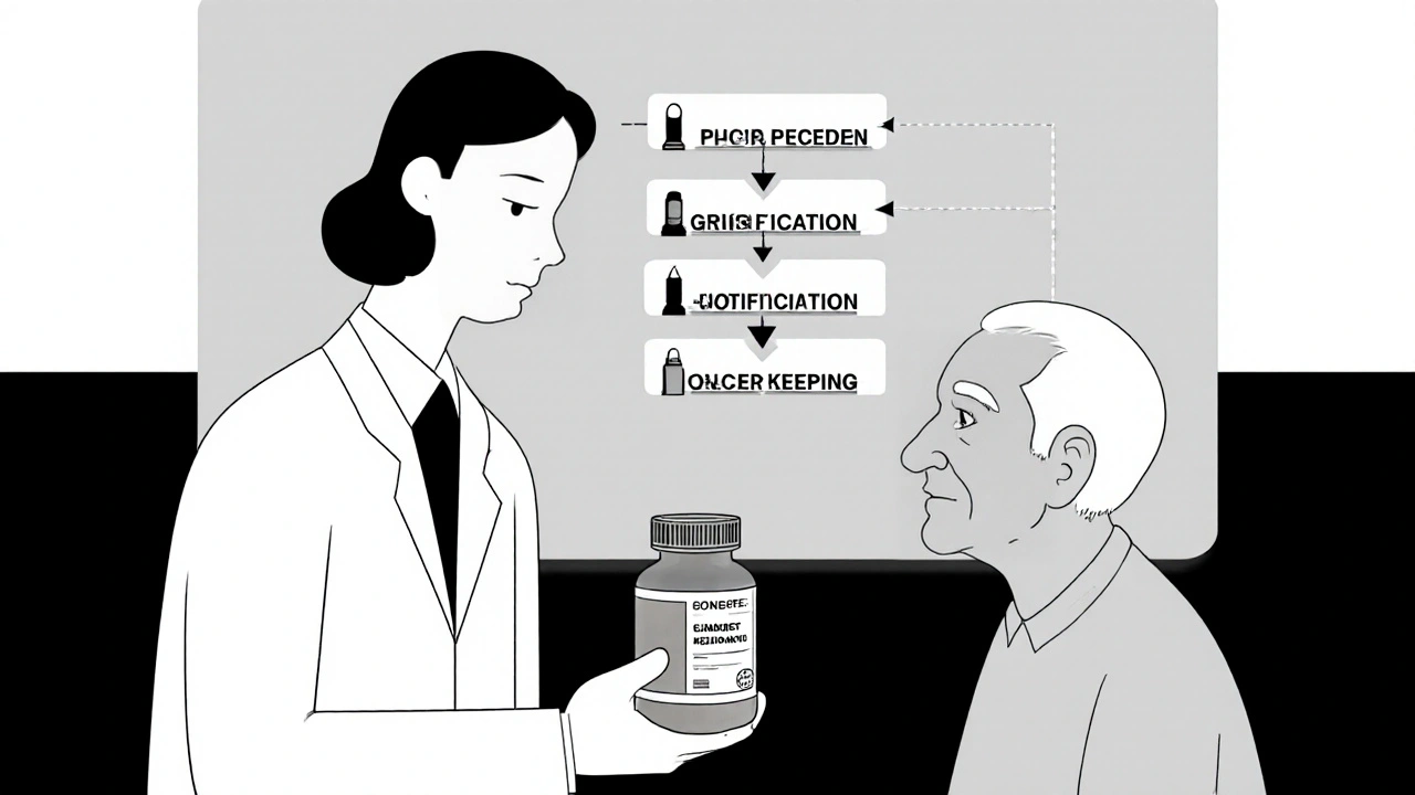 Farmacista che spiega la sostituzione con un generico a un paziente in un dialogo chiaro.