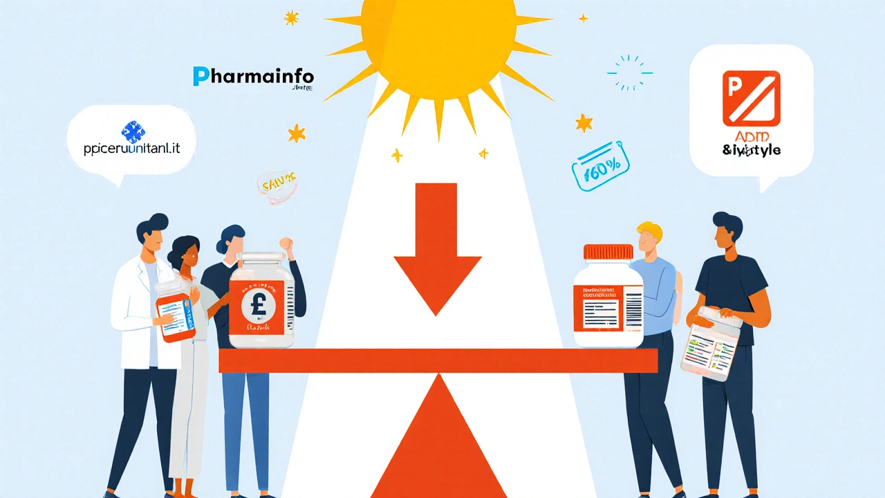 Gruppo di persone con farmaci generici su una bilancia che mostra risparmi, circondato da loghi di siti affidabili.
