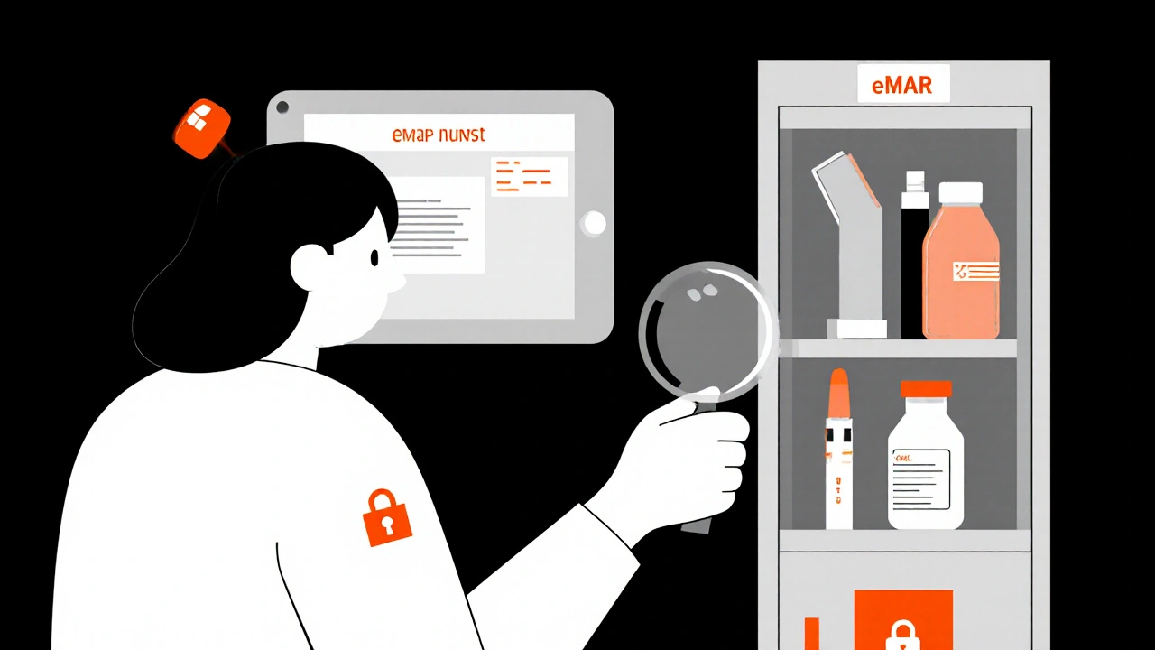 Infermiera controlla farmaco con lente, dispositivi ordinati in armadietto chiuso a chiave.