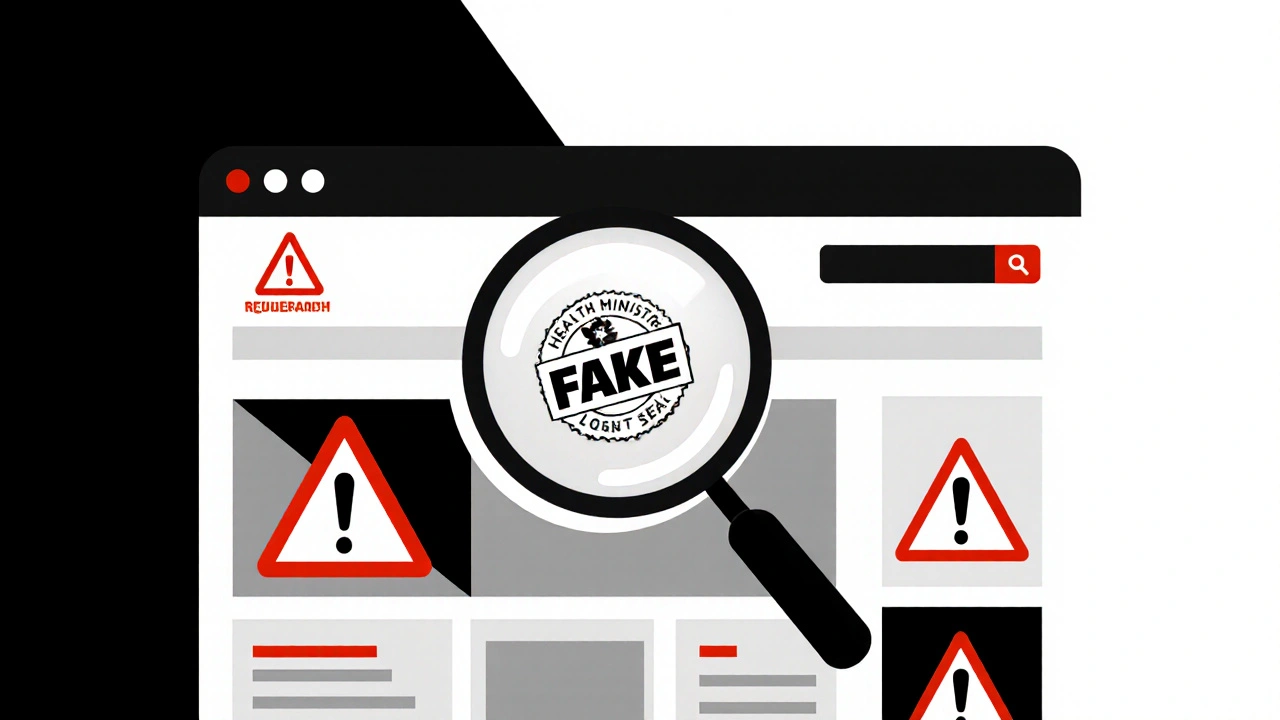 Lente d&#039;ingrandimento che rivela elementi falsi su un sito di farmaci online con segnali di allarme geometrici.