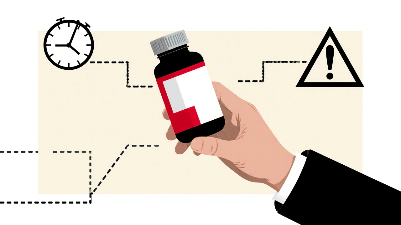 Mano che raggiunge una bottiglia di farmaco che si divide in due percorsi simbolici, in stile Bauhaus con linee angolari e colori limitati.