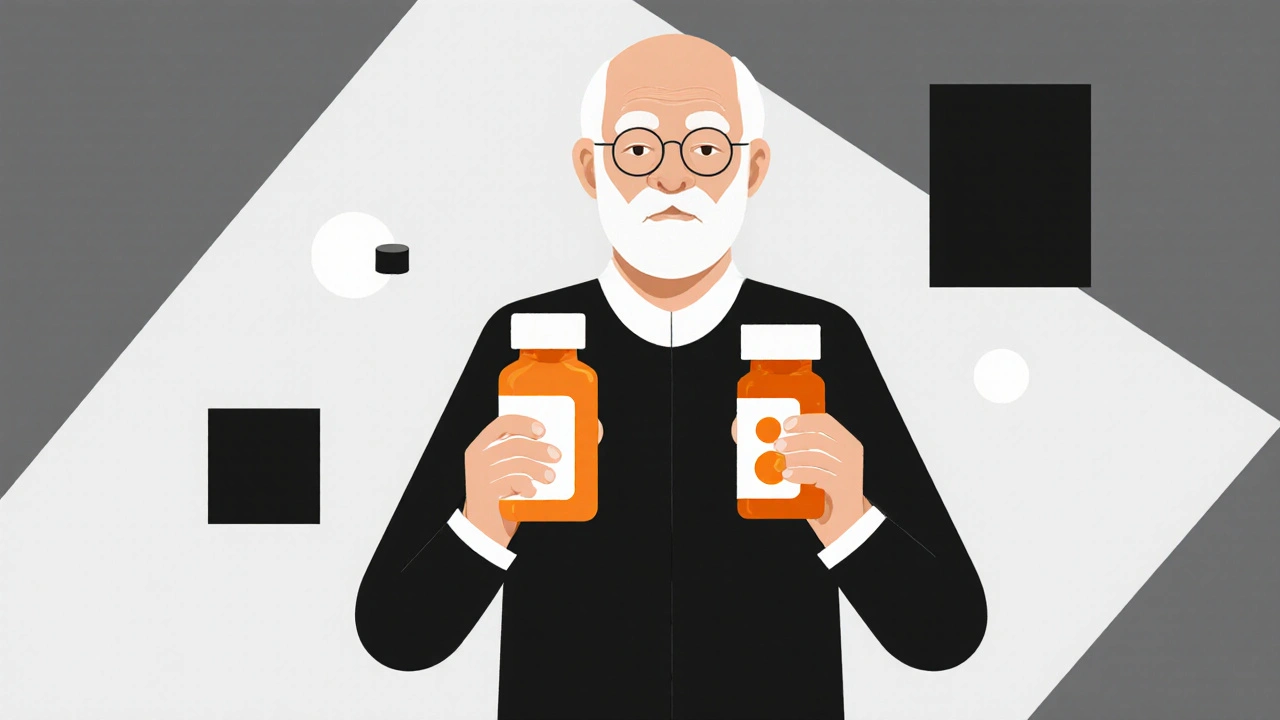Paziente anziano che confronta due compresse: una vecchia e una riformulata, in stile Bauhaus con luce morbida e accenti colorati.