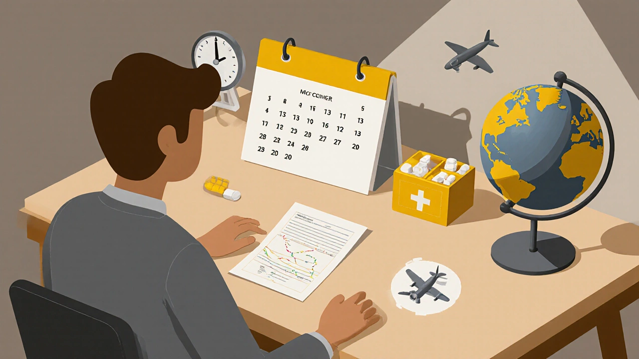 Persona che prepara i farmaci per un viaggio con lettera medica e pianificatore.