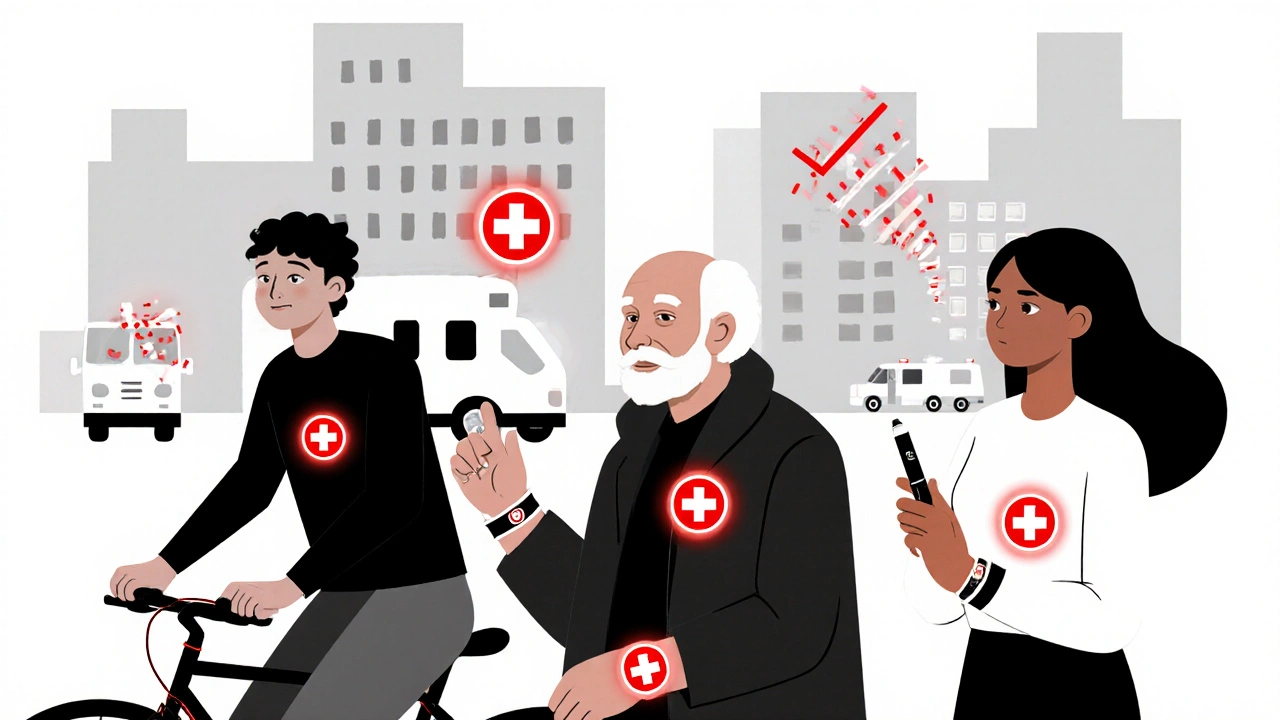 Persone comuni che indossano braccialetti di allerta medica con simboli di protezione.