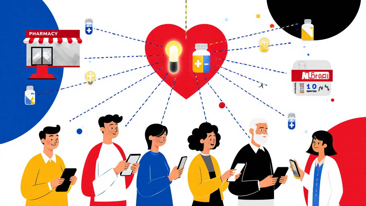 Persone con smartphone e icone di farmaci collegate a un cuore centrale in stile Bauhaus.