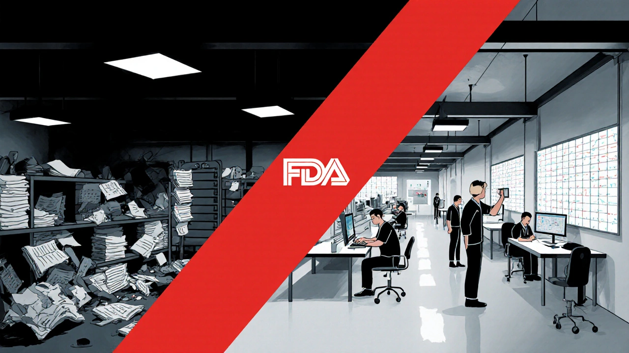 Scena divisa: caos vs ordine nella produzione farmaceutica, rappresentata in forme geometriche Bauhaus.