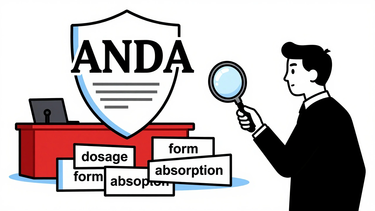 Aula di tribunale con documento ANDA e giungla di brevetti geometrici