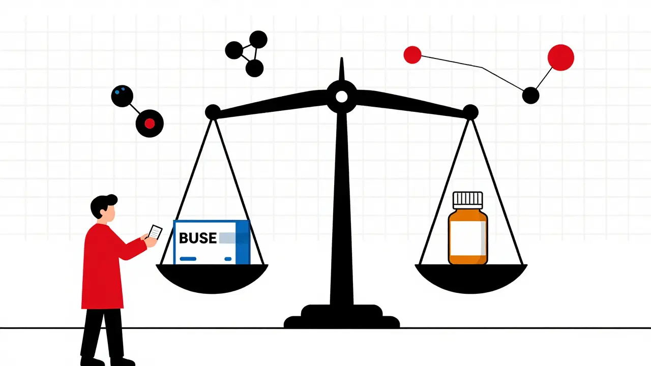 Bilancia che equilibra un farmaco di marca e uno generico, con molecole geometriche e uno scaffale minimalista in stile Bauhaus.