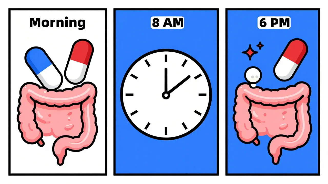 Calendario giornaliero geometrico che mostra l'orario corretto per assumere probiotici e antibiotici.