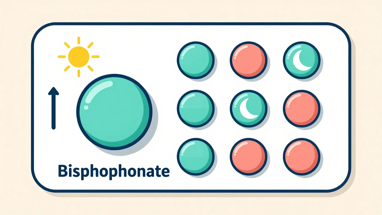 Confezione a blister con compresse di bisfosfonato e calcio separate, con simboli di tempo e orario.
