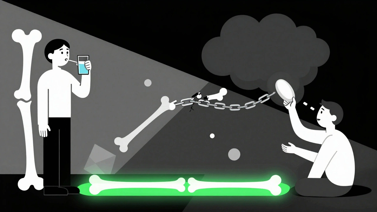 Confronto tra assunzione corretta e errata di bisfosfonati e calcio, con flussi visivi di assorbimento.