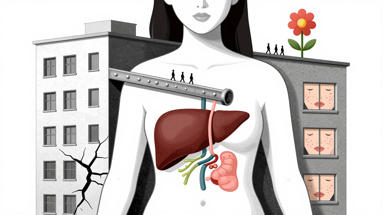 Corpo femminile come edificio ristrutturato dalla metformina, con ovulazione in cima, stile Bauhaus geometrico e astratto.