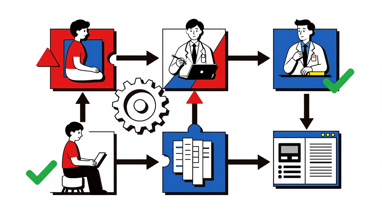 Diagramma a ingranaggi con cinque passaggi di ricontestazione farmacologica, simboli di errore e correzione.