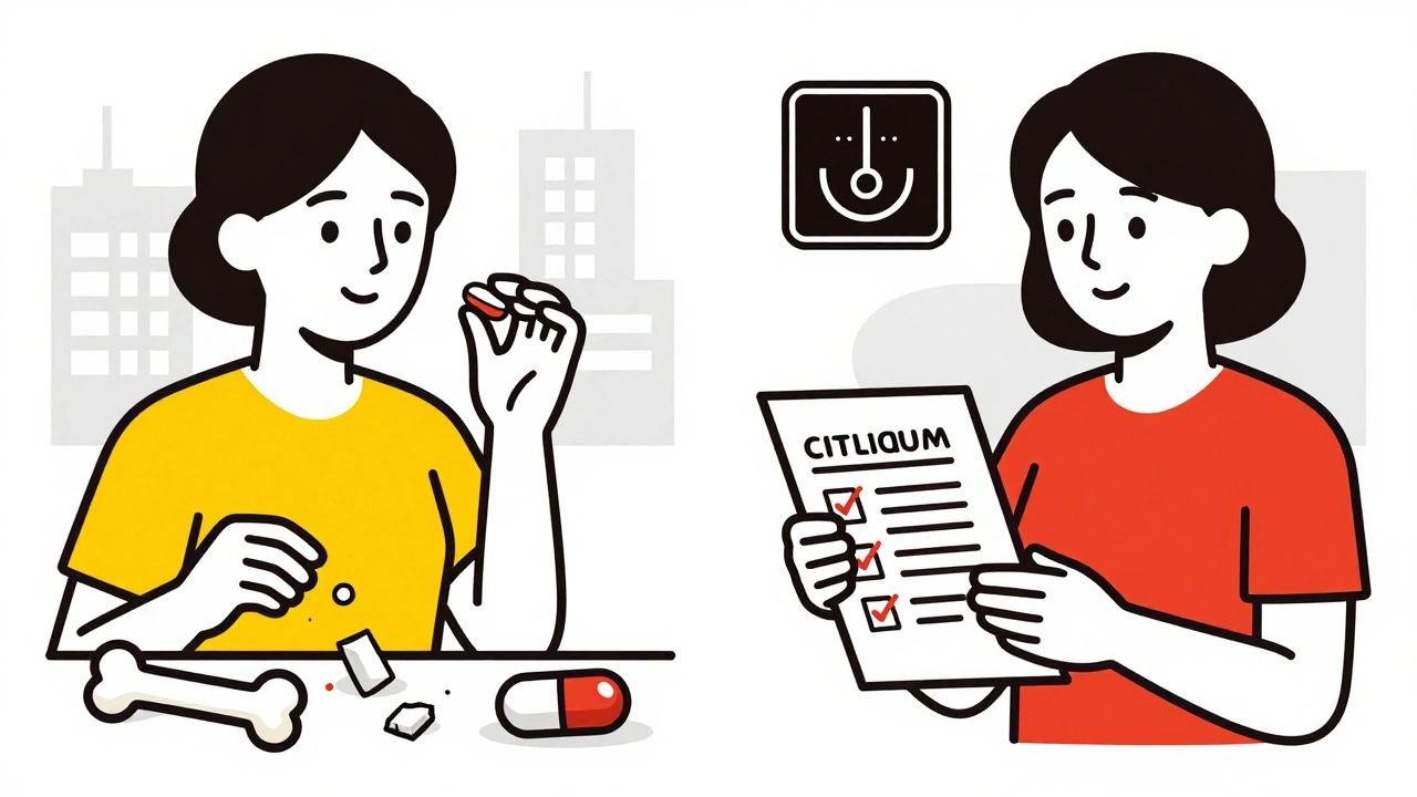 Donna che sostituisce il calcio carbonato con citrato, con esame DEXA e check-list medica.