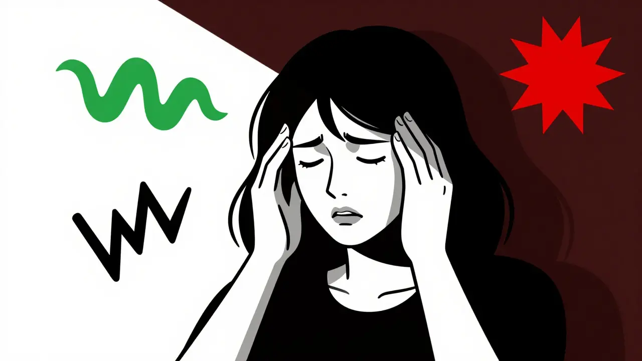 Donna con emicrania, metà del volto illuminato da luce accecante, simboli di nausea e rumore intorno.