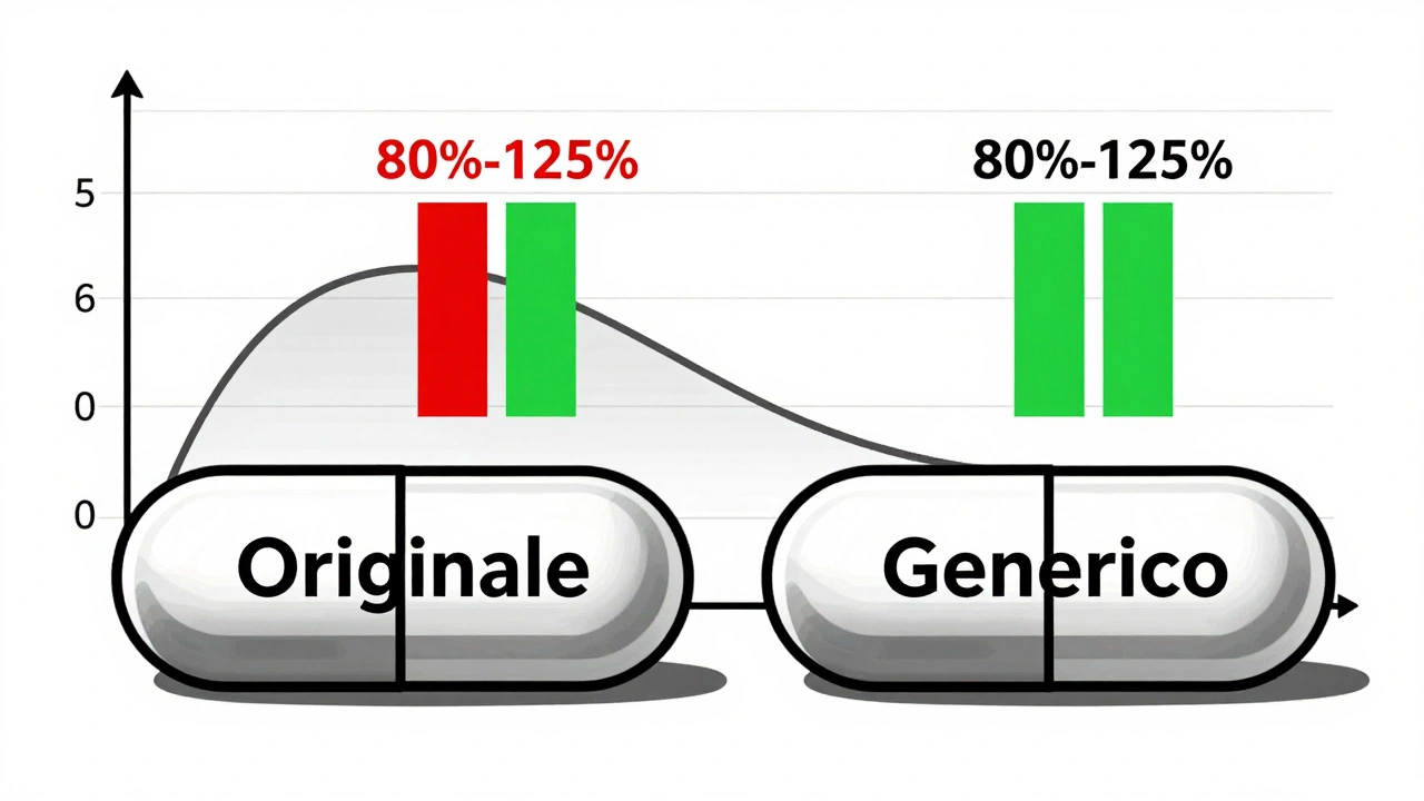 Due pillole a confronto con barre numeriche e curva logaritmica in stile Bauhaus.
